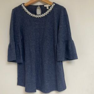 Monteau Three-quarter Bellsleeves top for girls with rhinestones & pearls size M